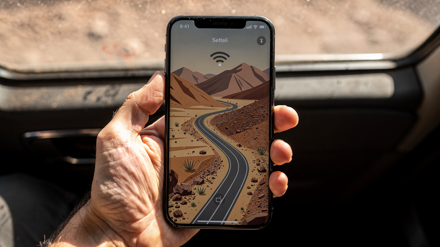 Uma mão segurando um smartphone com um mapa offline aberto, mostrando a rota através de uma área montanhosa e desértica do Marrocos, com o ícone de sinal de rede fraco.