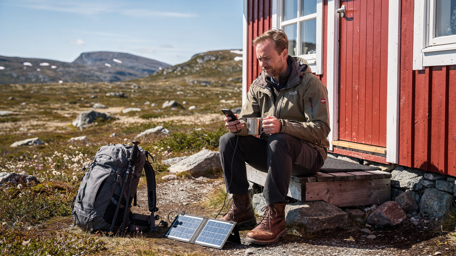 En turgåer ved en fjellhytte på Hardangervidda lader mobiltelefonen sin med et bærbart solcellepanel, med en varm kopp kaffe ved siden av.