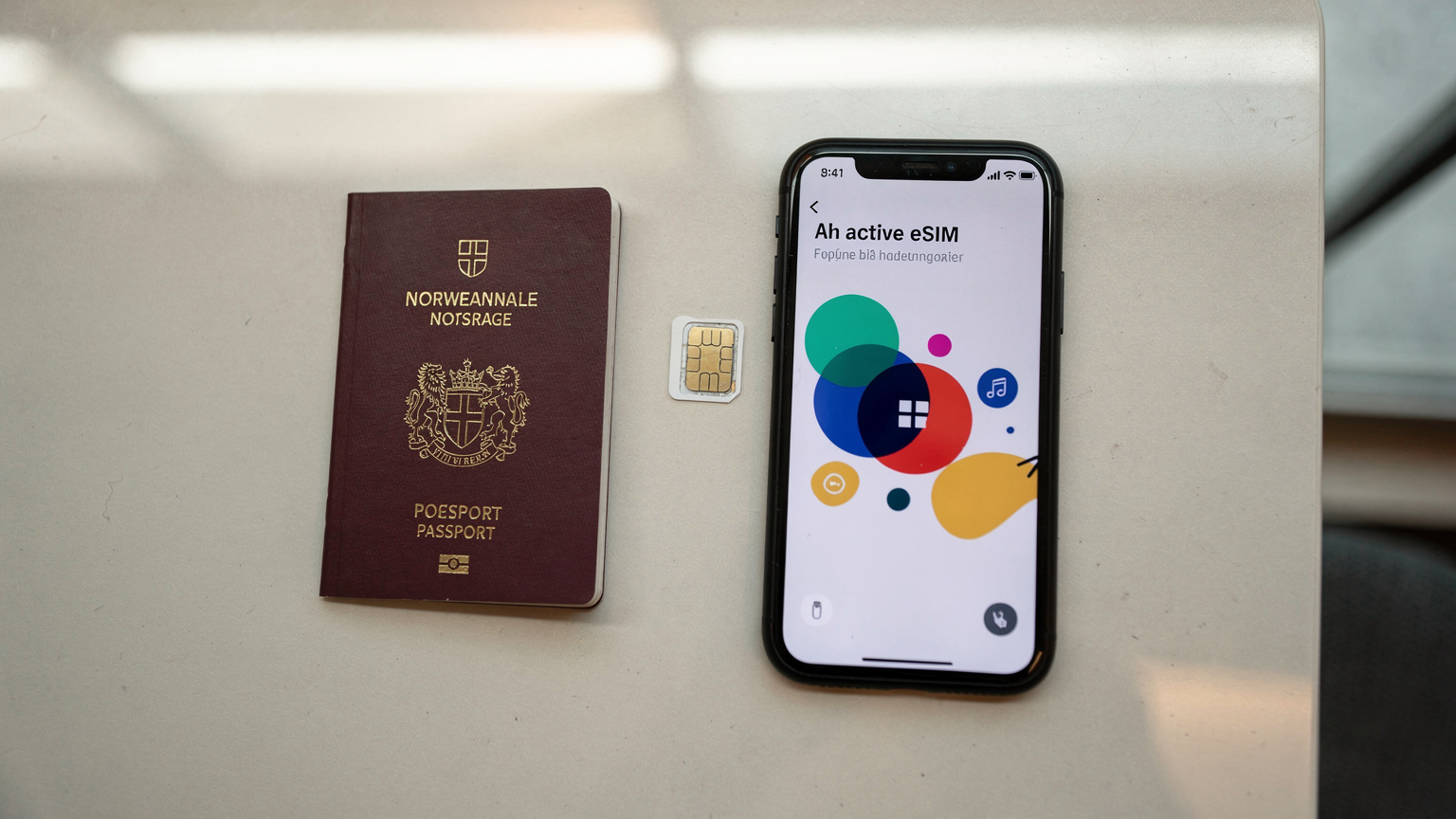 Et nærbilde av et pass, et smarttelefon med en aktiv eSIM-profil vist (uten lesbar tekst), og et fysisk SIM-kort ved siden av, liggende på et bord i en lufthavn.