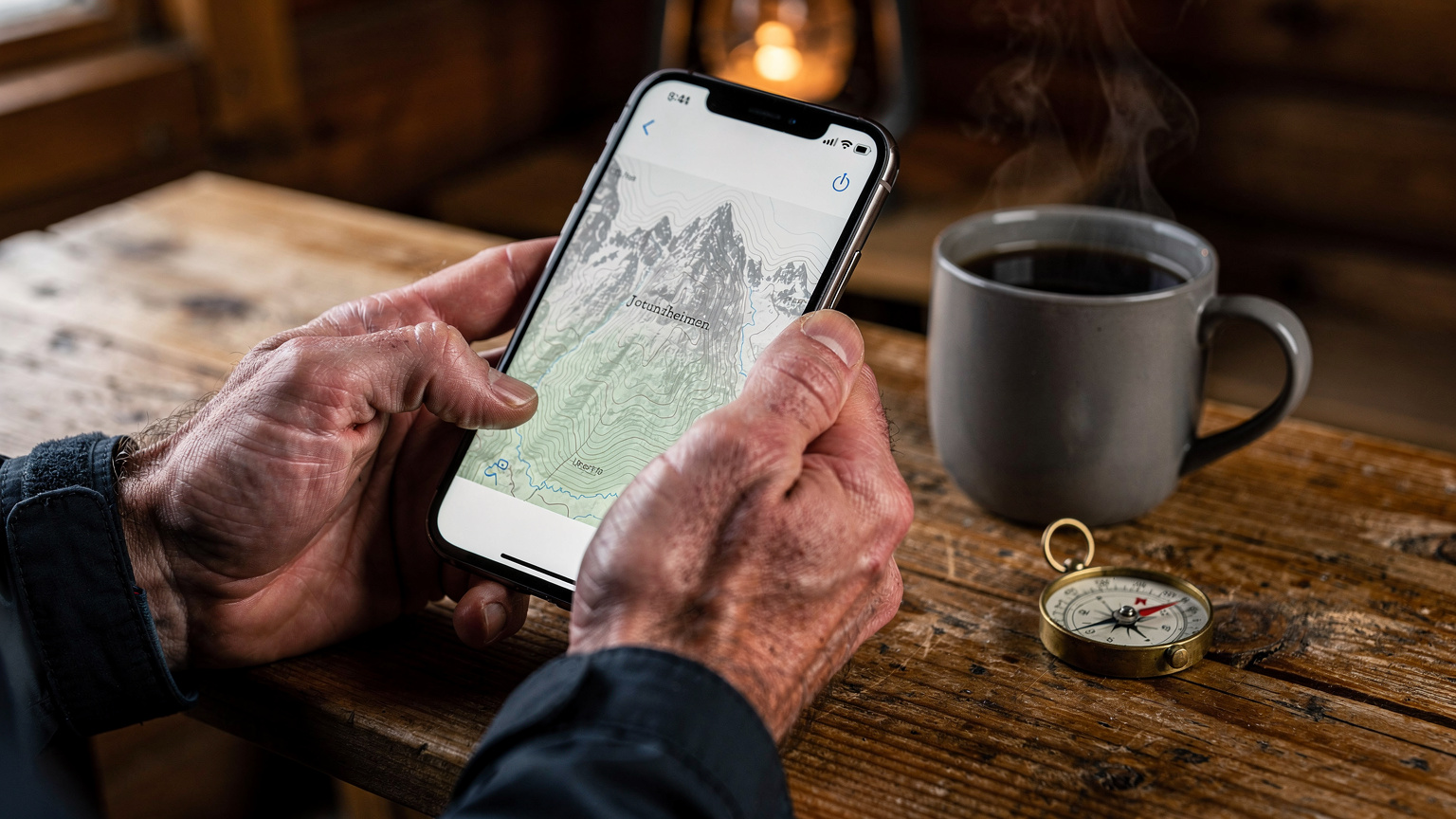 Nærbilde av en turgåers hender som holder en smarttelefon, med et kart over Jotunheimen synlig på skjermen og en svak mobilsignalindikator. En kopp kaffe og et lite kompass ligger ved siden av på en trebenk i en fjellhytte.