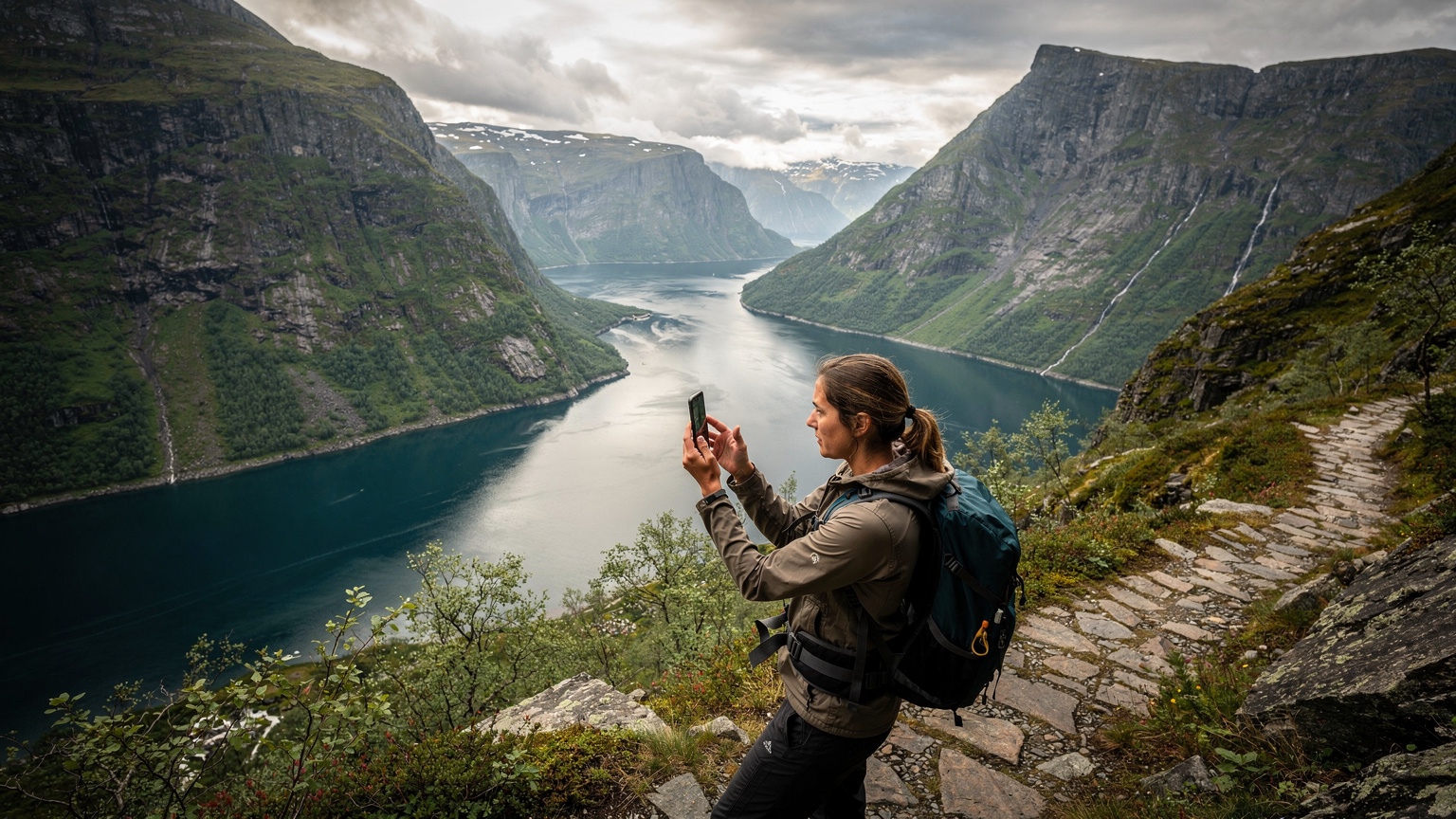 En turgåer sjekker mobiltelefonen sin for signal langs en smal fjellsti med en dramatisk fjordutsikt i bakgrunnen, typisk for Vestlandet.