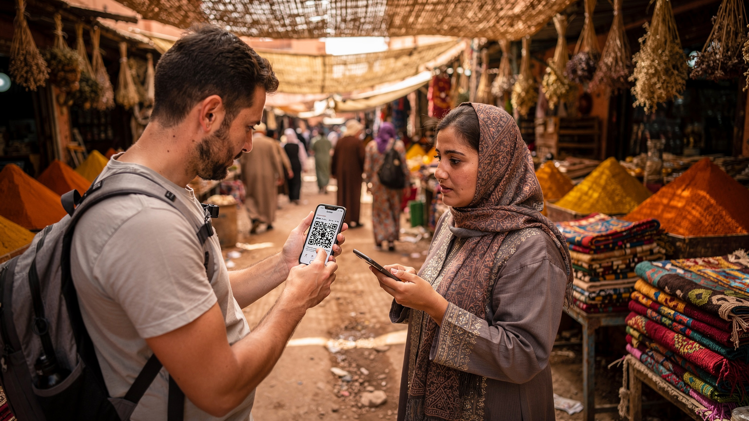 Un uomo con in mano uno smartphone mostra un codice QR sul suo schermo, mentre una donna con un foulard tradizionale tiene il suo telefono puntato sul codice per la scansione, in un tipico mercato vivace e polveroso di Rissani, Marocco.
