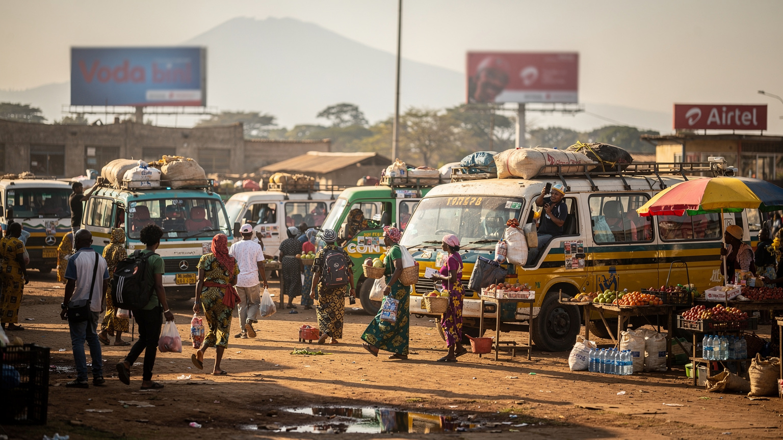 En travel afrikansk buss-terminal i Arusha, Tanzania, med lokale som interagerer og en tydelig logo for en mobiloperatør i bakgrunnen.