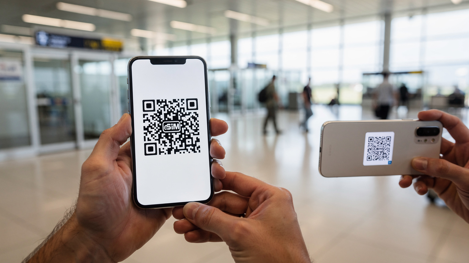 En person håller upp en smartphone med en QR-kod på skärmen, beredd att skanna en eSIM-aktiveringskod, i en modern och ljus flygplatsterminal i San José.