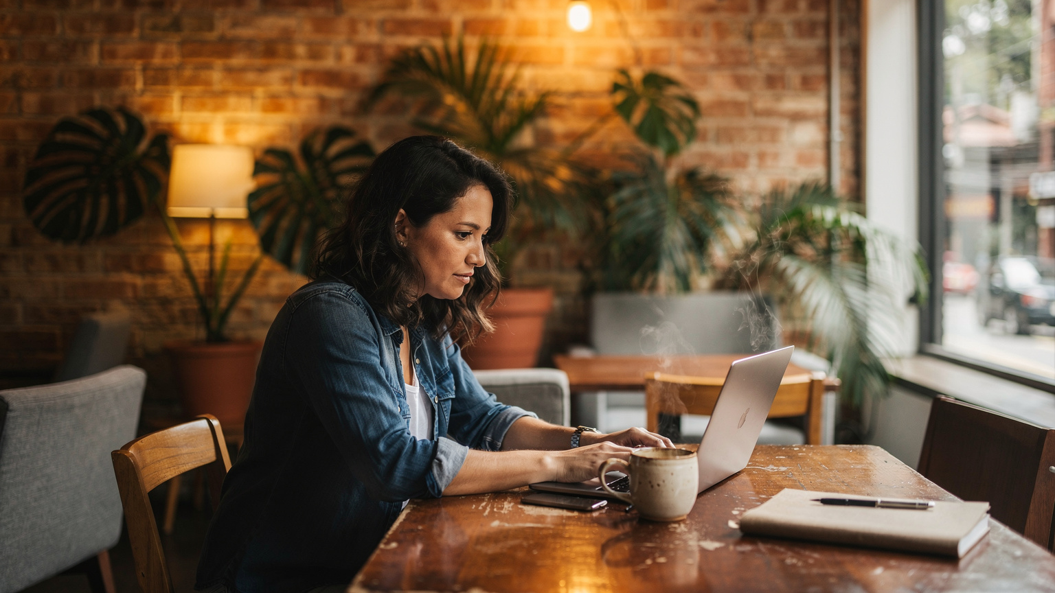En digital nomad arbetar på sin laptop vid ett bord på ett mysigt co-working space i San José, med kaffekoppar och grönskande växter i bakgrunden.