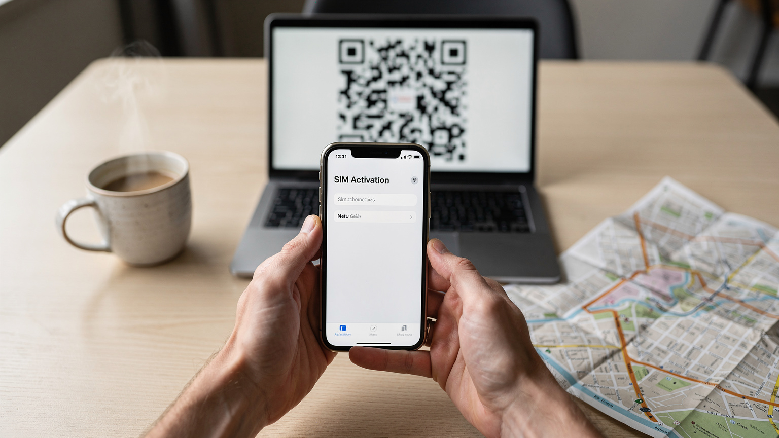 Deux mains tiennent un smartphone affichant les réglages d'activation d'eSIM, avec un QR code scanné sur un autre écran.