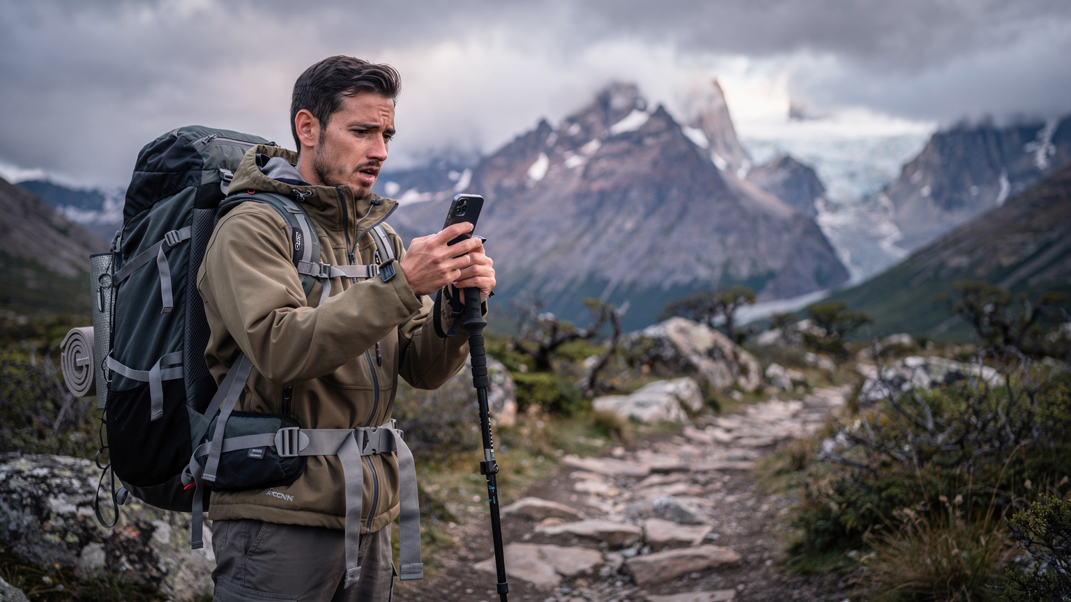 Un randonneur avec un sac à dos et un bâton de marche consulte son téléphone, le visage exprimant une légère frustration due à un signal faible, sur un sentier montagneux de Patagonie.