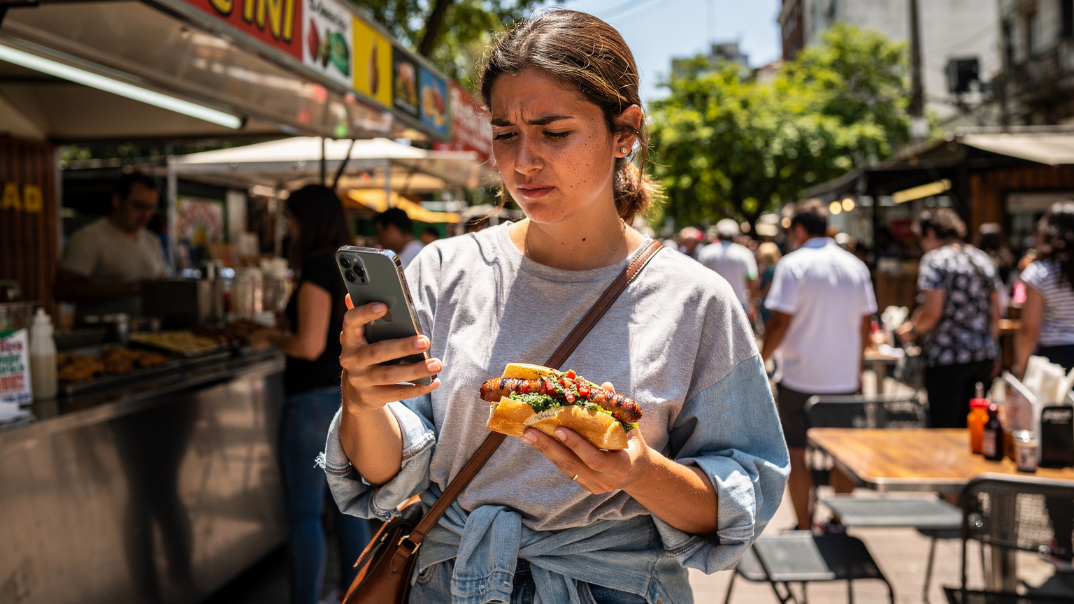 Une voyageuse prend une photo de son choripán tout en vérifiant son téléphone dans un marché animé de Buenos Aires, avec des vendeurs en arrière-plan.