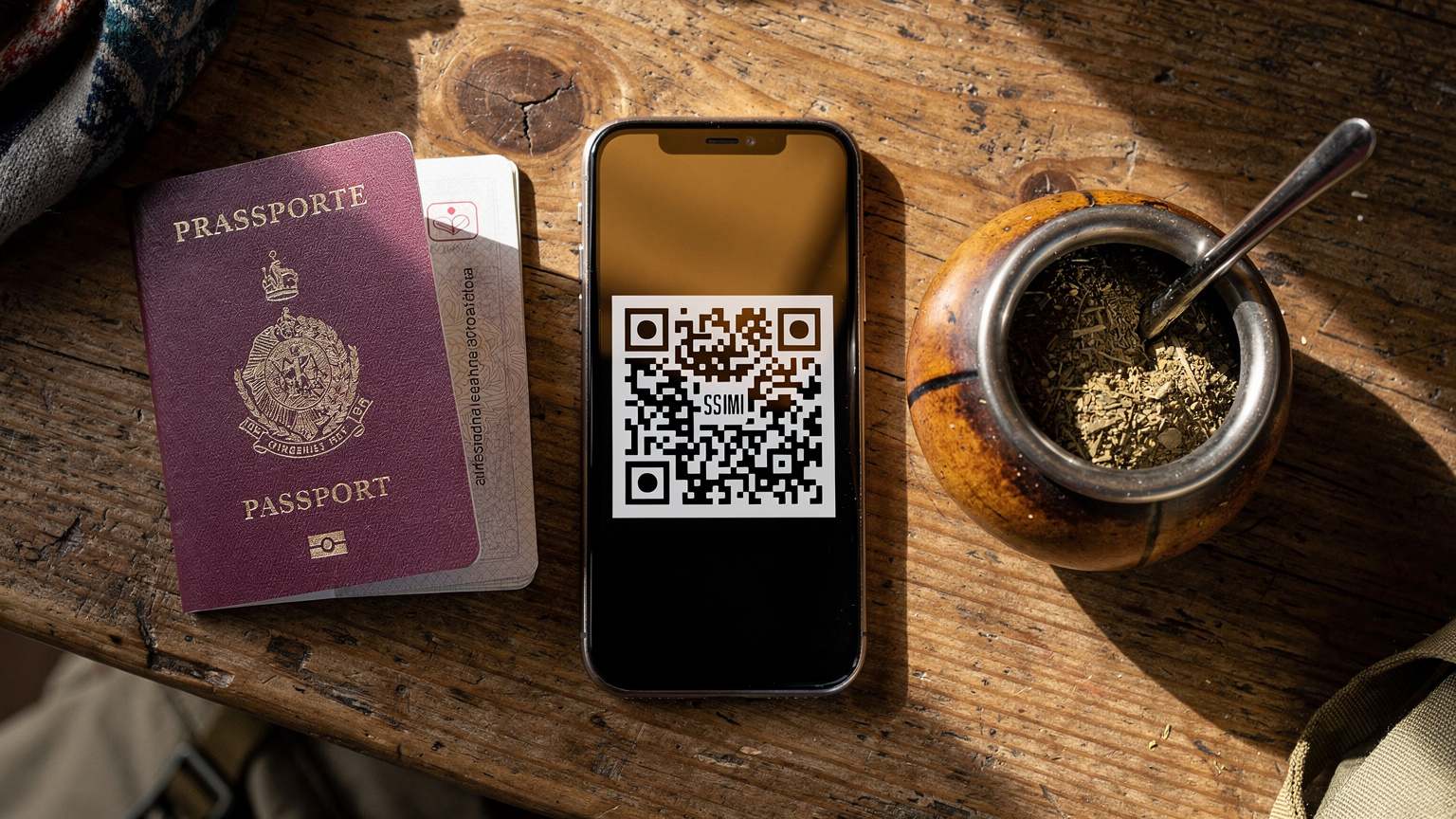 Un passeport français ouvert, un smartphone avec un QR code eSIM et une tasse de maté sur une table en bois rustique, symbolisant le voyage et la connexion.