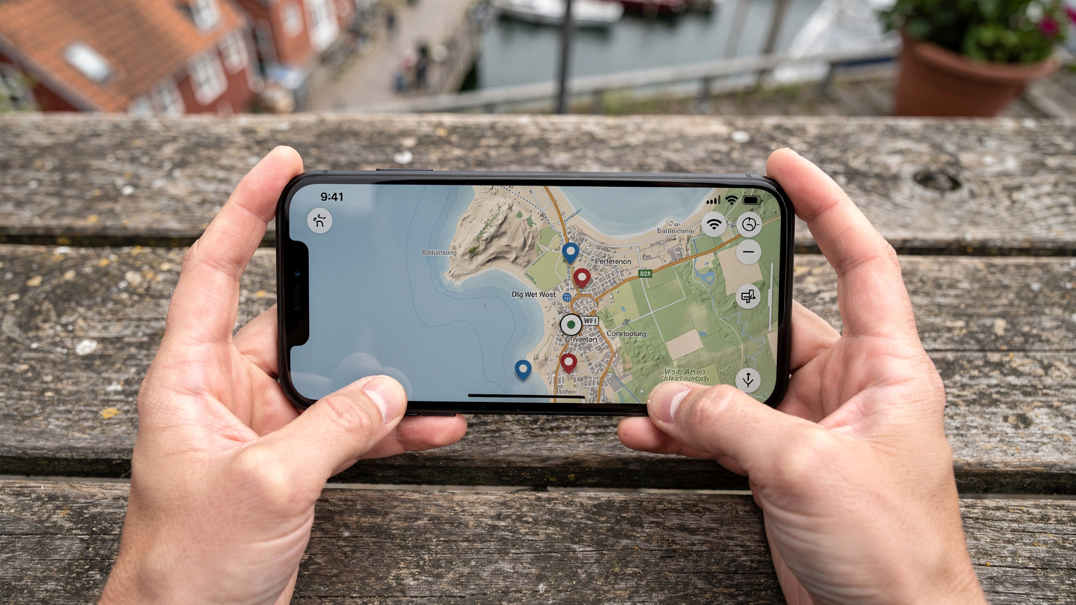 En iPhone viser et offline kort over Vesterhavskysten med markeringer af WiFi-hotspots, holdt af en rejsende på en træterrasse.