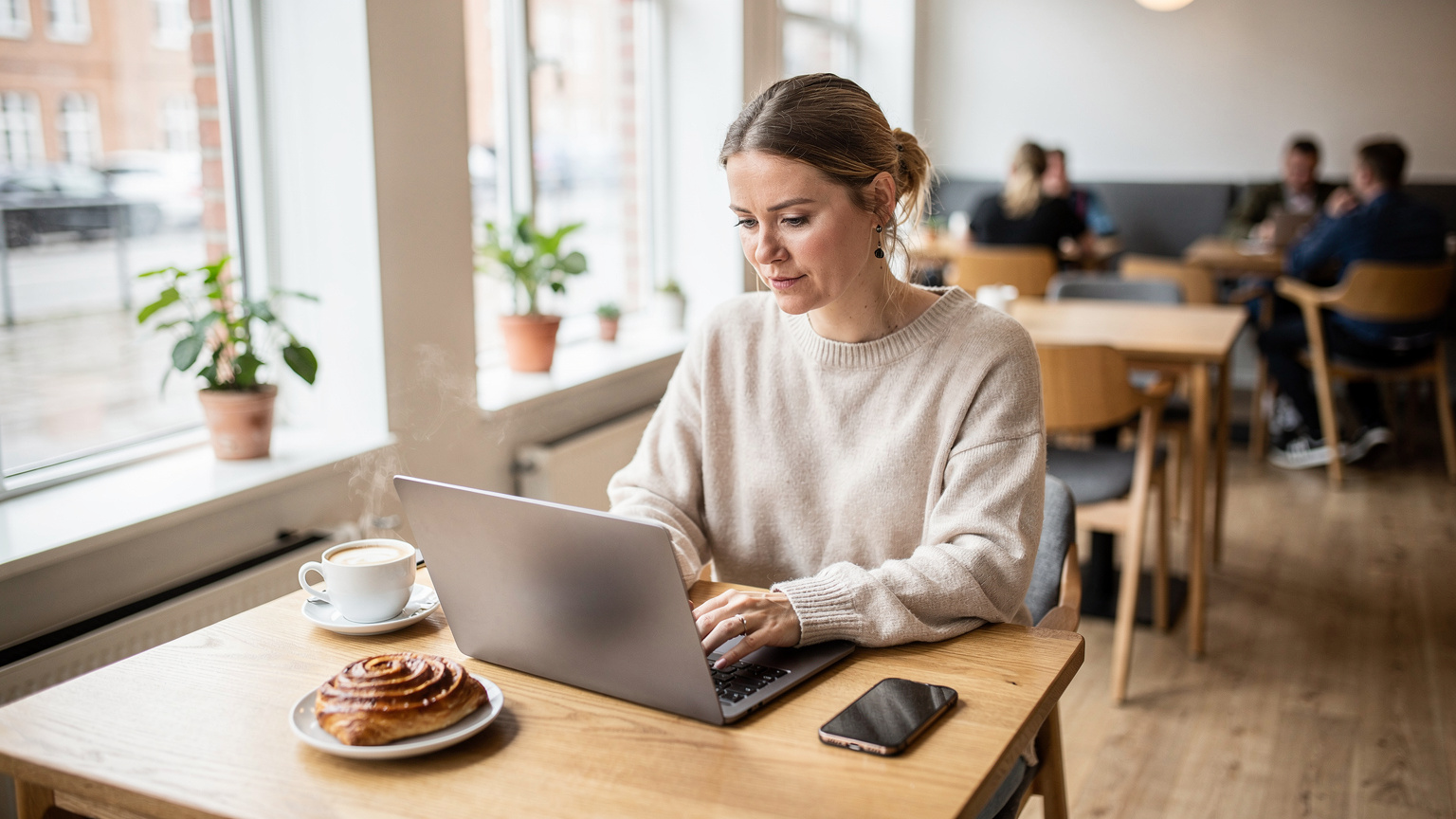 En digital nomade sidder med en bærbar computer og iPhone på et hyggeligt cafébord i et lyst co-working space i Aarhus, med kaffe og en dansk kage ved siden af.