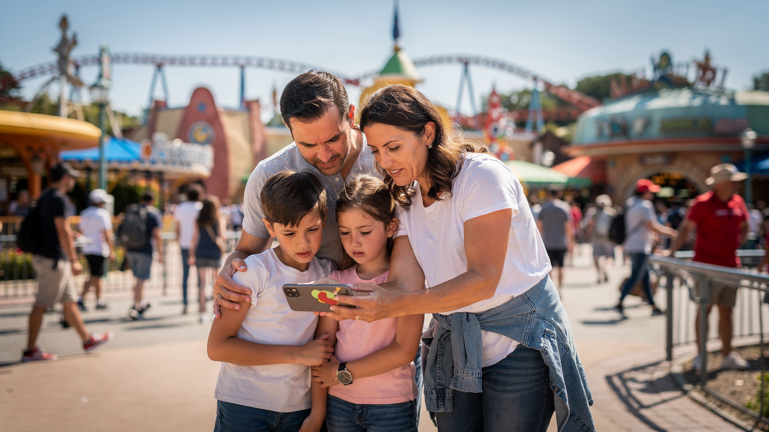 Une famille avec enfants regarde un plan numérique sur un smartphone au milieu d'une foule dans un parc d'attractions français, sous un ciel lumineux et ensoleillé.