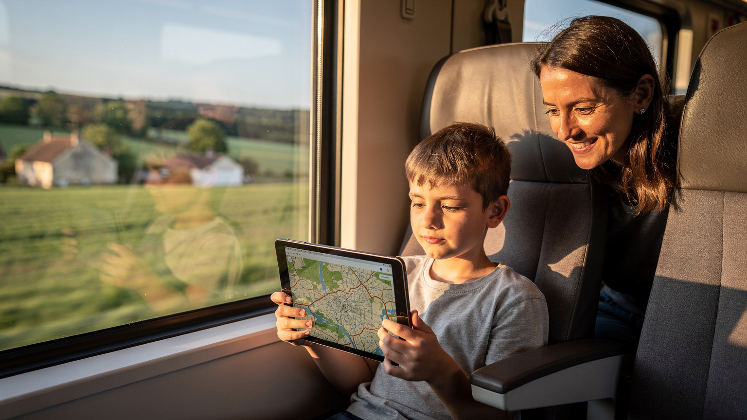 Un enfant regarde une carte hors ligne sur une tablette dans un train régional français traversant la campagne, avec un parent souriant en arrière-plan. La lumière du soleil entre par la fenêtre, créant une ambiance douce.
